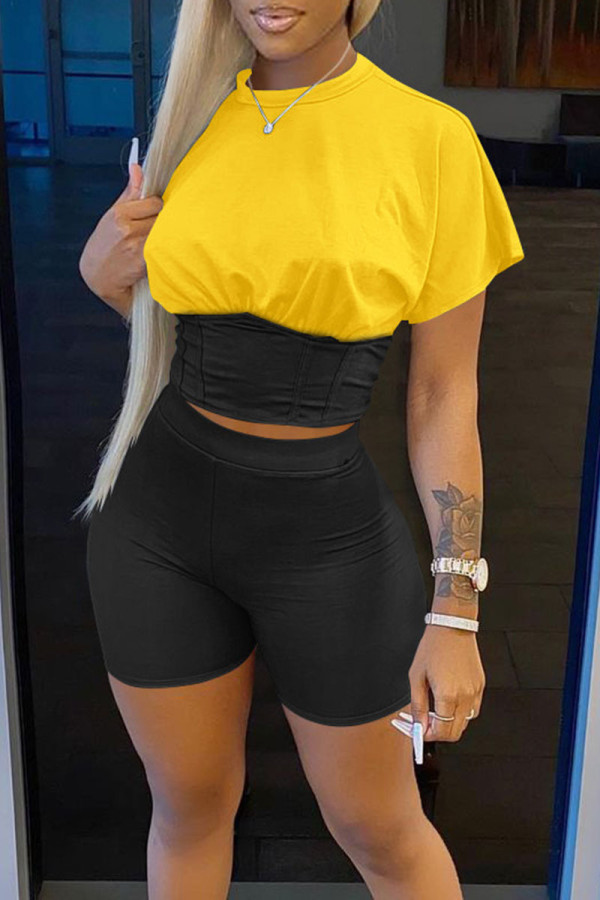Yellow Casual Solid Patchwork O Neck Short Sleeve Two Pieces