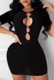 Black Sexy Casual Solid Hollowed Out O Neck Short Sleeve Dress