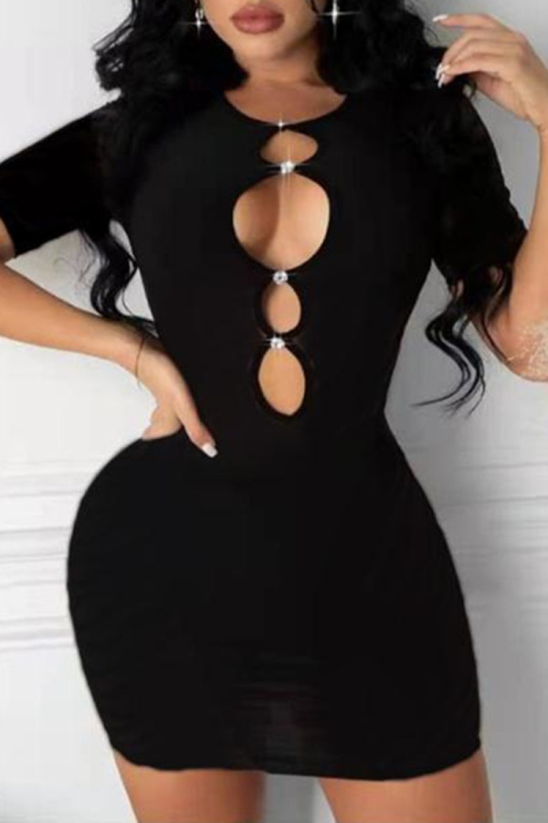 Black Sexy Casual Solid Hollowed Out O Neck Short Sleeve Dress