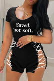 Black Sexy Print Hollowed Out O Neck Short Sleeve Two Pieces