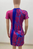 Fuchsia Sexy Casual Print Basic V Neck Short Sleeve Dress