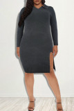 Pink Fashion Casual Solid Slit Turndown Collar Long Sleeve Dresses