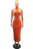Orange Fashion Sexy Solid Hollowed Out Backless O Neck Sleeveless Two Pieces