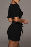 Black Casual Solid Patchwork U Neck Short Sleeve Two Pieces