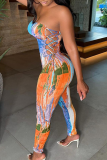 Blue Sexy Patchwork Tie-dye Strapless Skinny Jumpsuits