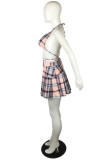 Multicolor Fashion Sexy Plaid Print Backless Strap Design Halter Sleeveless Two Pieces