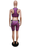 Purple Sexy Print Hollowed Out U Neck Sleeveless Two Pieces