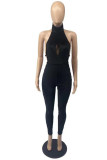 Blue Fashion Sexy Solid Hollowed Out Backless Turtleneck Skinny Jumpsuits