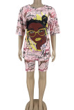 Pink Casual Print Patchwork V Neck Short Sleeve Two Pieces