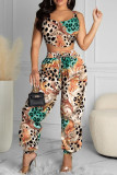 Yellow Casual Print Patchwork Asymmetrical U Neck Sleeveless Two Pieces