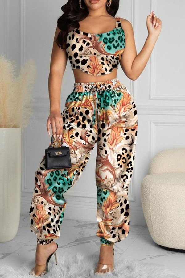 Green Casual Print Patchwork Asymmetrical U Neck Sleeveless Two Pieces
