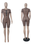 Brown Sexy Print Patchwork Zipper Collar Skinny Rompers
