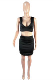 Black Fashion Sexy Solid Fold V Neck Sleeveless Two Pieces