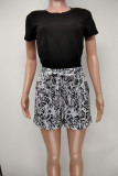 Black Casual Print Split Joint O Neck Short Sleeve Two Pieces