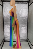Rainbow Color Sexy Striped Patchwork Halter Sleeveless Two Pieces