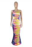 Multicolor Fashion Sexy Print Hollowed Out O Neck Vest Dress