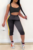 Grey Casual Striped Patchwork Skinny High Waist Pencil Solid Color Bottoms