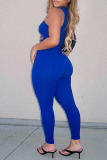 Blue Sexy Solid Split Joint Halter Skinny Jumpsuits