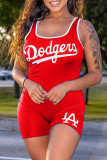 Red Casual Sportswear Letter Print Basic U Neck Regular Romper