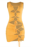 Yellow Sexy Solid Hollowed Out Strap Design U Neck Vest Dress