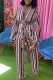 Pink Fashion Casual Striped Print Bandage V Neck Long Sleeve Two Pieces