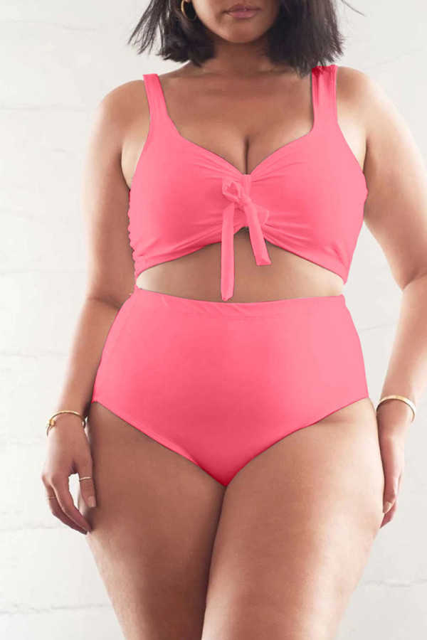 Pink Casual Solid Frenulum Fold Swimwears