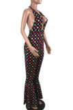Multi-color Sexy Print Polka Dot Bandage Patchwork Backless Halter Boot Cut Jumpsuits
