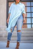 Light Blue Fashion Casual Solid Slit Turndown Collar Tops