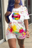 White Fashion Casual Lips Printed Basic O Neck Short Sleeve Two Pieces