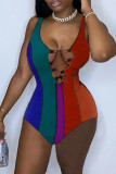 Red Fashion Sexy Patchwork Bandage Hollowed Out U Neck Skinny Bodysuits