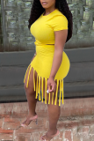 Yellow Casual Solid Tassel O Neck Short Sleeve Two Pieces