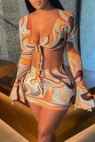 Colour Sexy Print Bandage Patchwork V Neck Long Sleeve Two Pieces