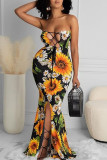 Blue Elegant Print Patchwork Frenulum High Opening Strapless Princess Dresses