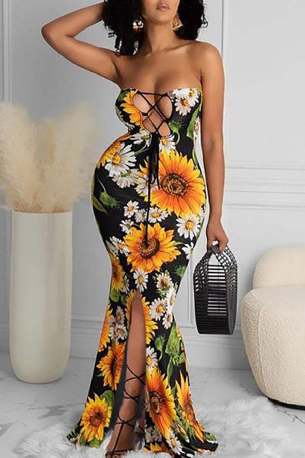 Black Elegant Print Patchwork Frenulum High Opening Strapless Princess Dresses