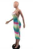 Rainbow Color Fashion Sexy Print Backless Spaghetti Strap Sleeveless Dress
