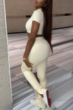 Apricot Fashion Casual Solid Basic O Neck Short Sleeve Two Pieces