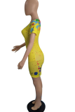 Yellow Sexy Patchwork Tie-dye O Neck Pencil Skirt Plus Size Dresses