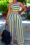 Blue Sexy Striped Patchwork Spaghetti Strap Sleeveless Two Pieces