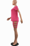 Red Sexy Solid Ripped Bandage O Neck Short Sleeve Two Pieces