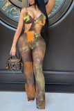 Leopard Print Sexy Patchwork Tie-dye Mesh Oblique Collar Boot Cut Jumpsuits