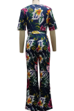 Green Sexy Print Patchwork V Neck Straight Jumpsuits