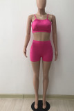 Rose Red Sexy Solid Patchwork Fold Spaghetti Strap Sleeveless Two Pieces