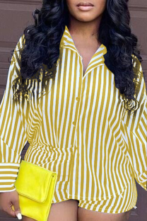 Yellow Casual Striped Split Joint Turndown Collar Long Sleeve Two Pieces