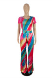 Colour Fashion Casual Print Basic O Neck Short Sleeve Two Pieces