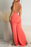 Purple Sexy Casual Solid Backless Slit Halter Regular Jumpsuits