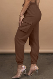 Brown Casual Solid Split Joint Harlan Mid Waist Harlan Solid Color Bottoms