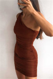 Brown Fashion Sexy Solid Fold One Shoulder Sleeveless Dress