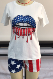 White Casual Print Patchwork O Neck Short Sleeve Two Pieces