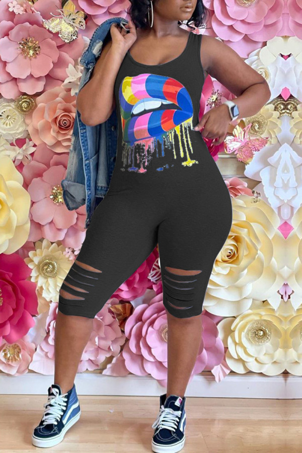 Black Fashion Casual Lips Printed Ripped O Neck Regular Romper