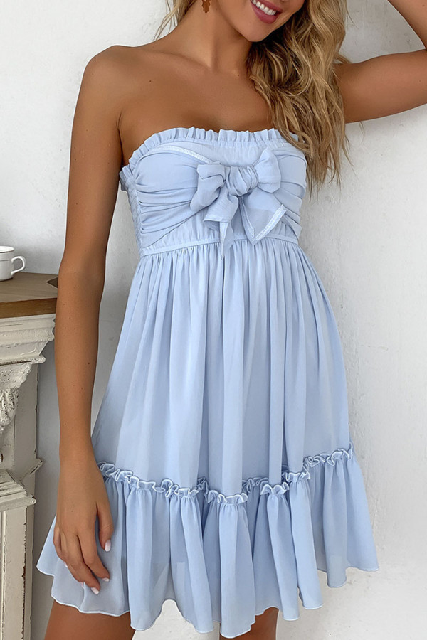 Blue Fashion Sweet Solid Patchwork Strapless Princess Dresses